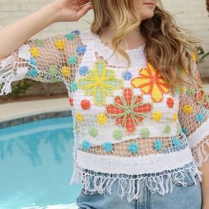 Crochet Top Open Weave Shirt Boho Blouse Size M
